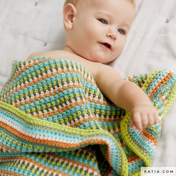 Couvre-lit Bébé En Crochet – 110x80 Cm, Rayures Rose/bleu/jaune, 100% Coton