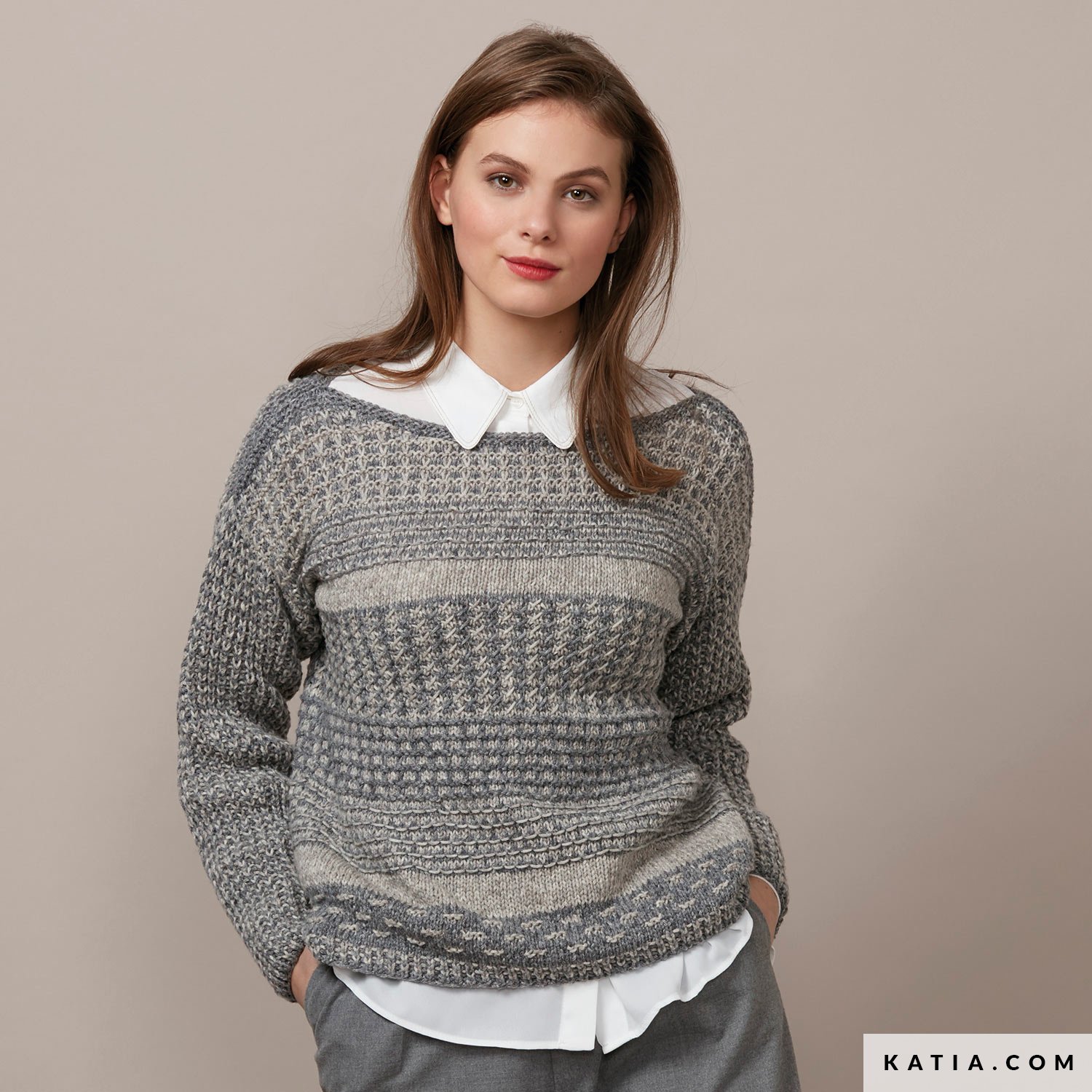 Katia Zweifarbiger Pullover Damen Zweifarbiger Gerippter Pullover