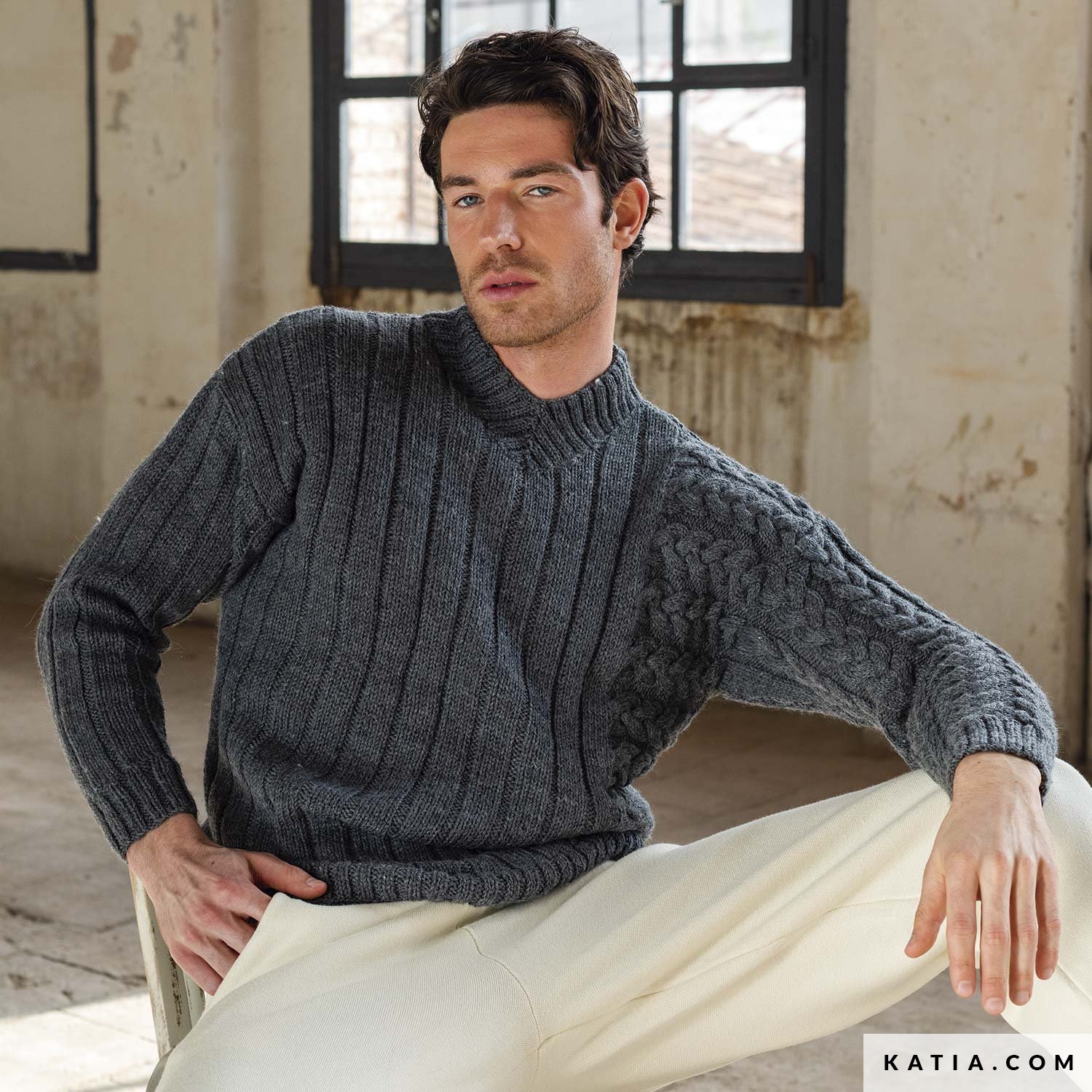 Pull Homme Nautica M En Coton Épais - Tricot Côtes Et Câbles Gris - Occasion Très Bon État