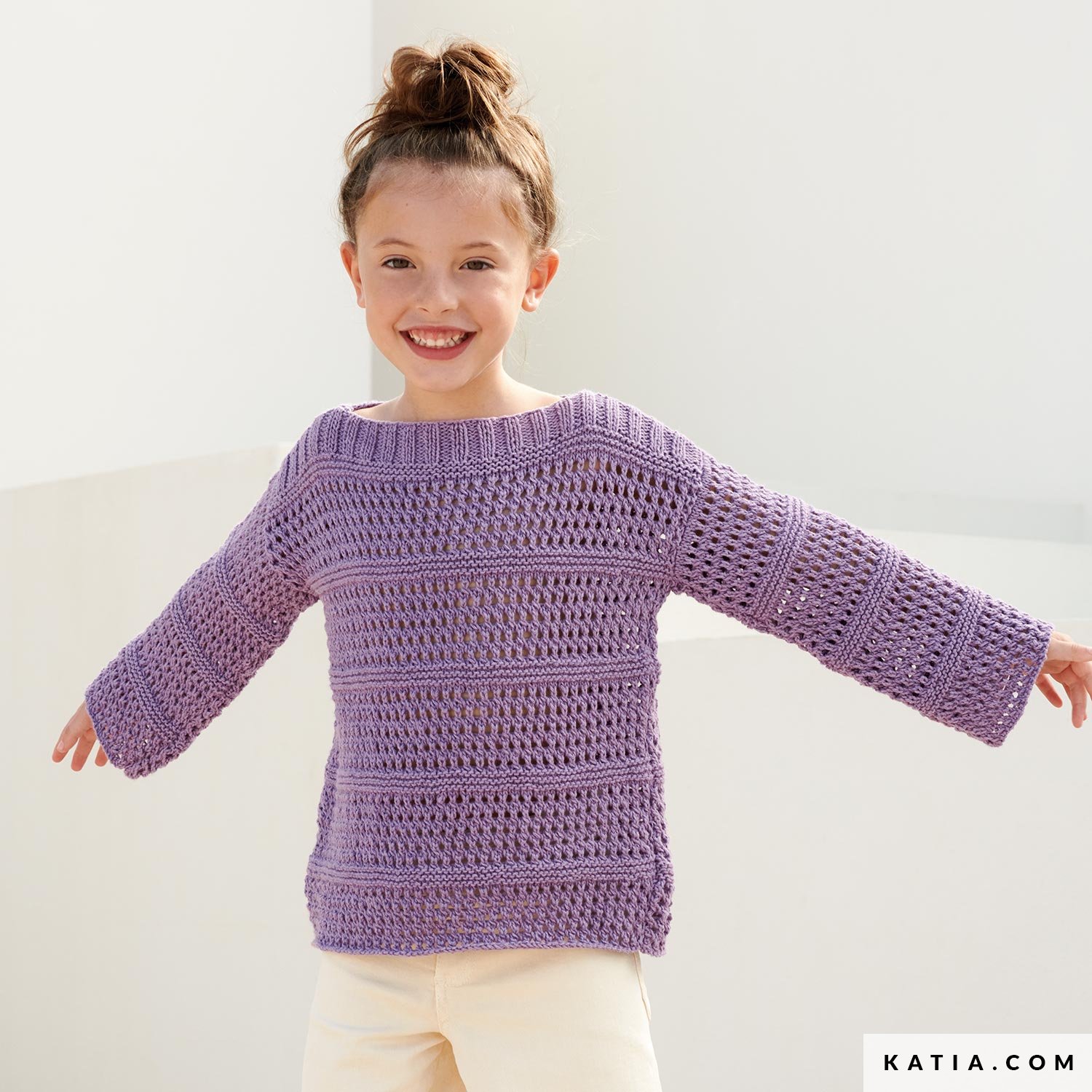 PURPLE PATTERNED KNITTED SWEATER IN COTTON, CHILD PURPLE PATTERNED KNITTED SWEATER IN COTTON, CHILD