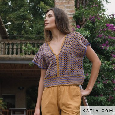 patron tejer punto ganchillo mujer top primavera verano katia 7695 7 p