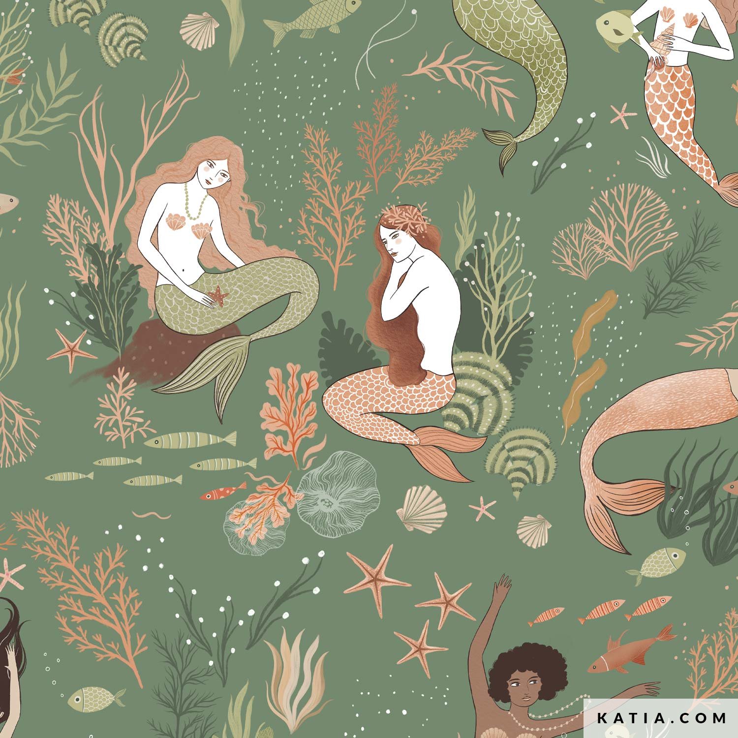 Coral Mermaids cotton Poplin fabric Spring / Summer