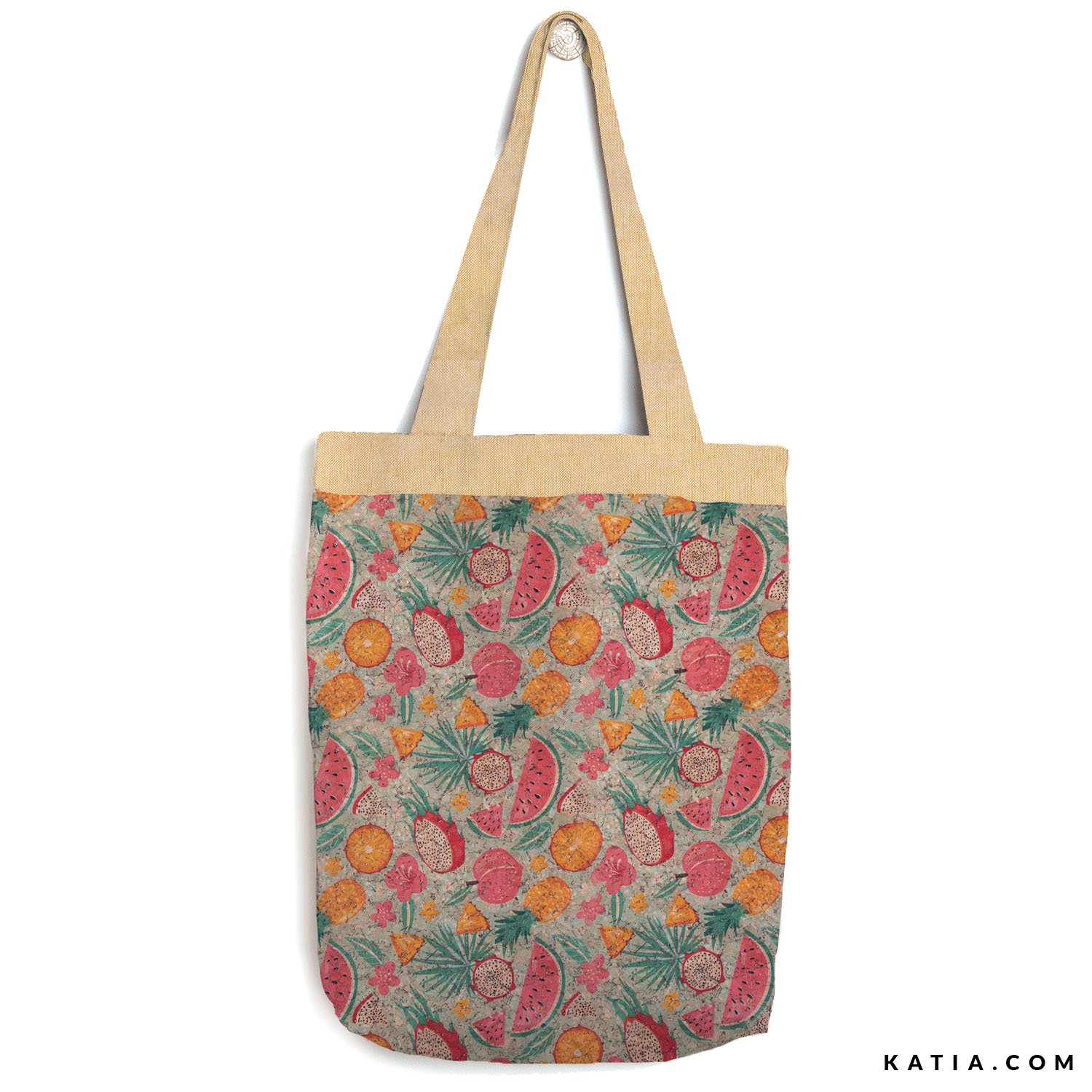 Summer Fruits Cork Gold Print Fabric Spring / Summer