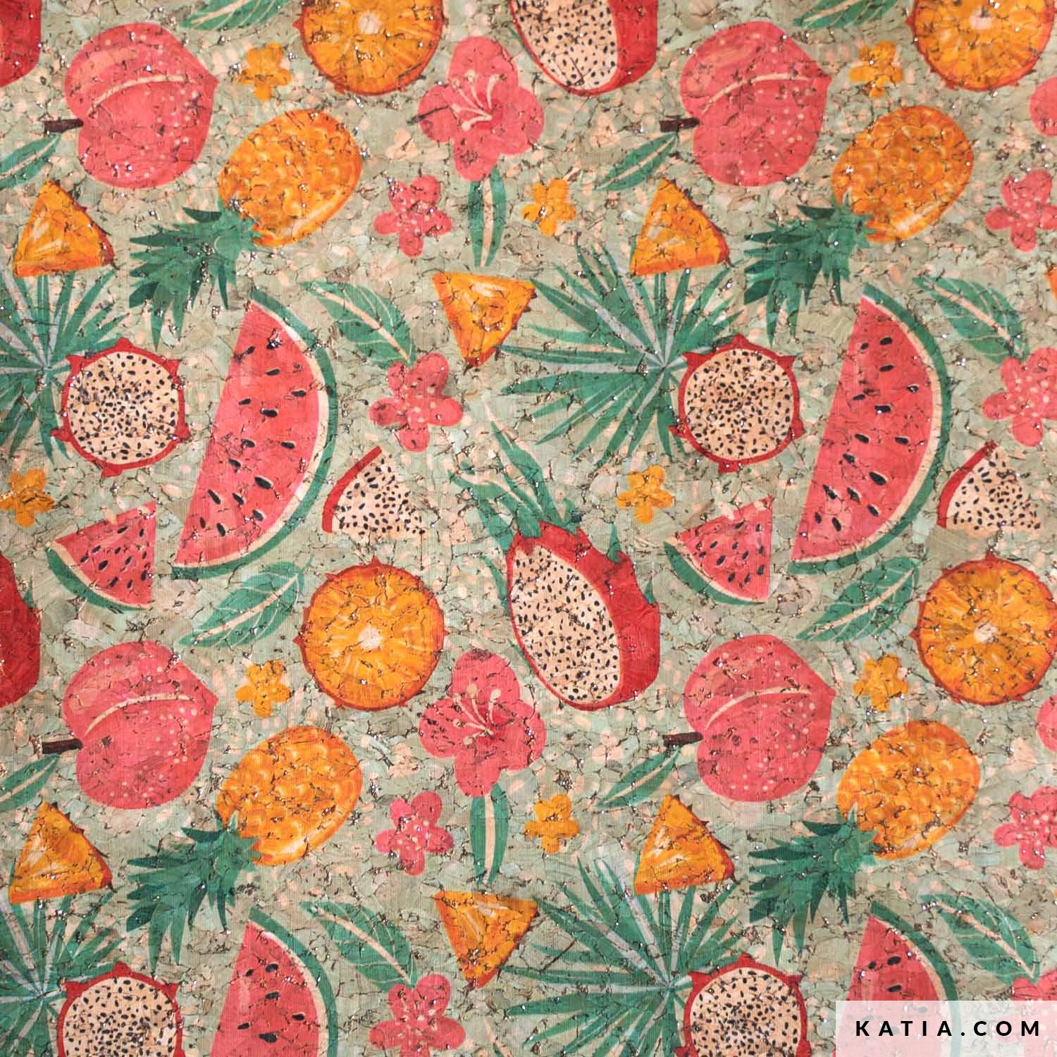 Summer Fruits Cork Gold Print Fabric Spring / Summer