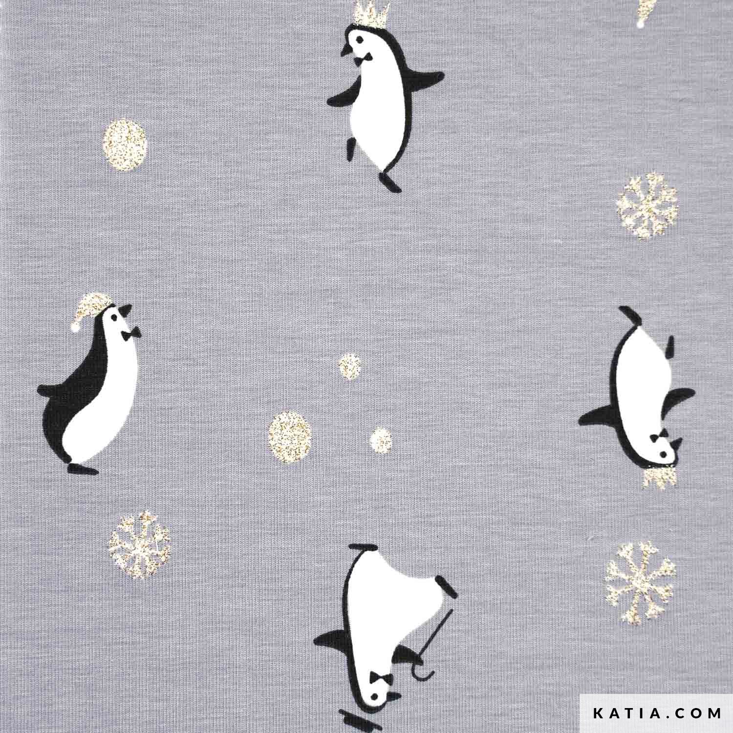 JG2 - Gold Penguins Xmas Jersey Fabric 