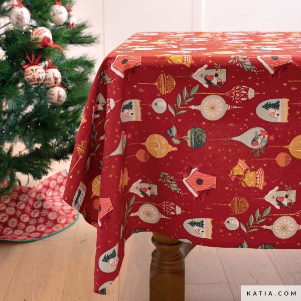 Tessuto A Metraggio ABAKUHAUS Natale | Rami E Campane Su Rosso Rubino | Microfibra Elasticizzata 10 Metri X 230 Cm - 4