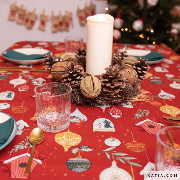 ABAKUHAUS Natale Tessuto a Metraggio, Tree Branches Bells, Tessuto a Maglia Elasticizzato per Abbigliamento, 10 m, Rubino