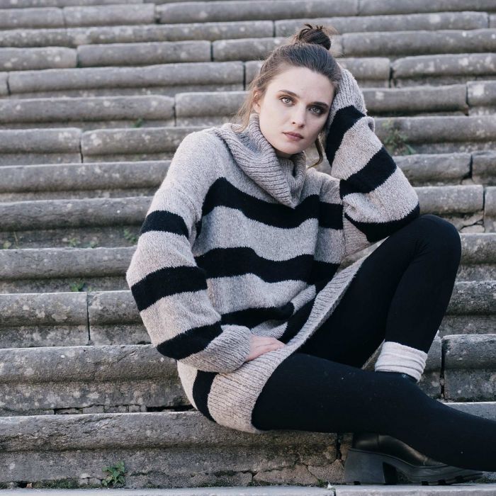 Womens Two-Tone Striped Print Sweater Knitting Pattern - A/W